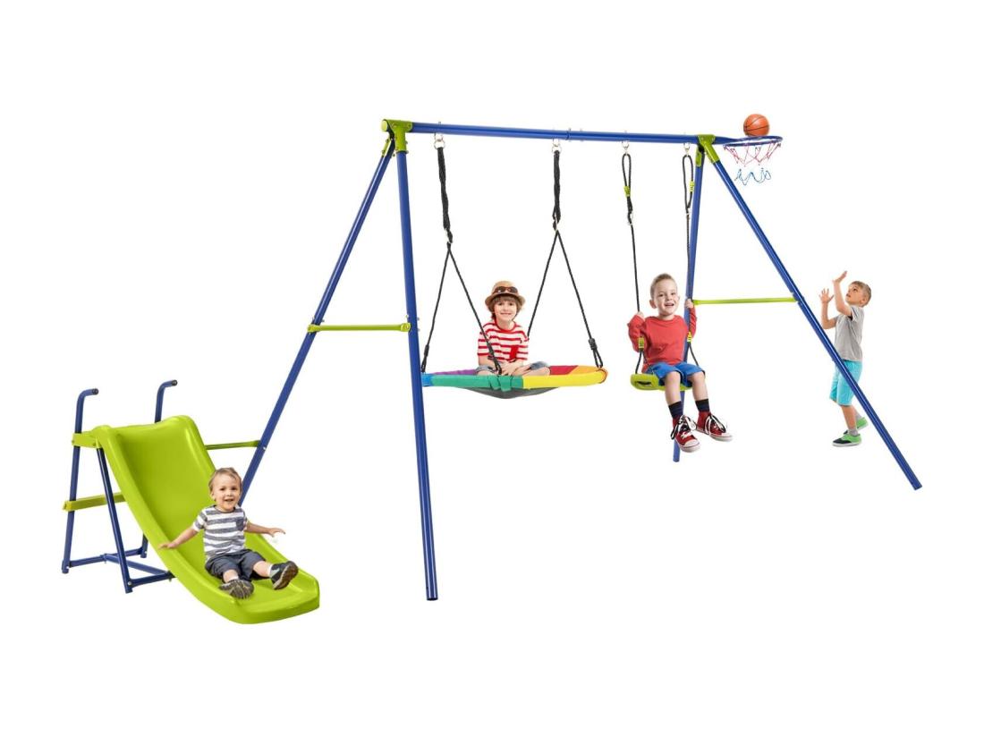 Vente Unique Portique De Balançoire 4 En 1 Avec Toboggan & Panier De Basket Balançoire Nid D'Oiseau Ø82 Cm Et En U Avec Hauteur Réglable Charge 50kg Pour 4 Enfants De 3-12 Ans