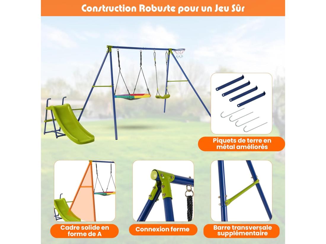 Vente Unique Portique De Balançoire 4 En 1 Avec Toboggan & Panier De Basket Balançoire Nid D'Oiseau Ø82 Cm Et En U Avec Hauteur Réglable Charge 50kg Pour 4 Enfants De 3-12 Ans