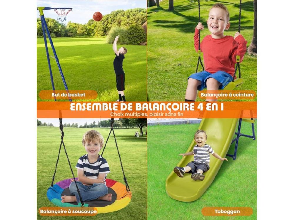 vente unique Portique de Balançoire 4 en 1 avec Toboggan & Panier de Basket Balançoire Nid d'Oiseau Ø82 cm et en U avec Hauteur Réglable Charge 50kg pour 4 Enfants de 3-12 Ans