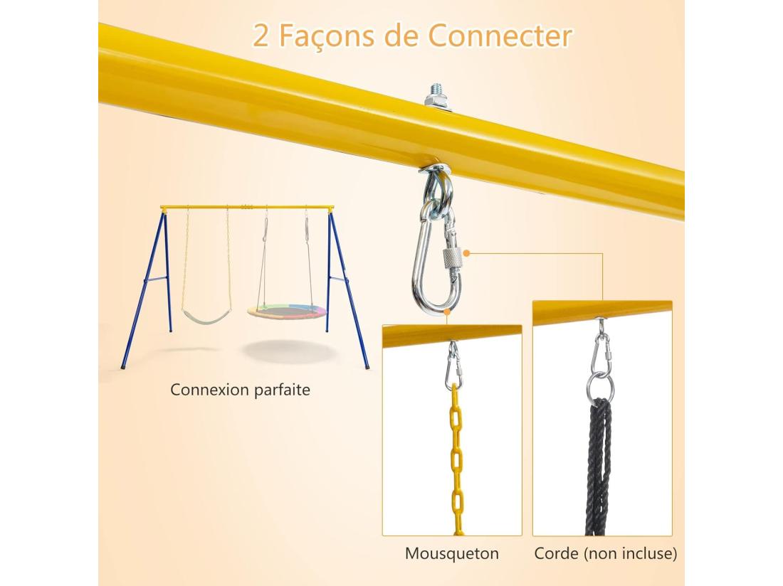 Vente Unique Portique De Balançoire Pour Enfants En Forme De A Charge 300KG Avec 2 Façons De Suspendre Piquets D'Ancrage 249x185x181 5cm