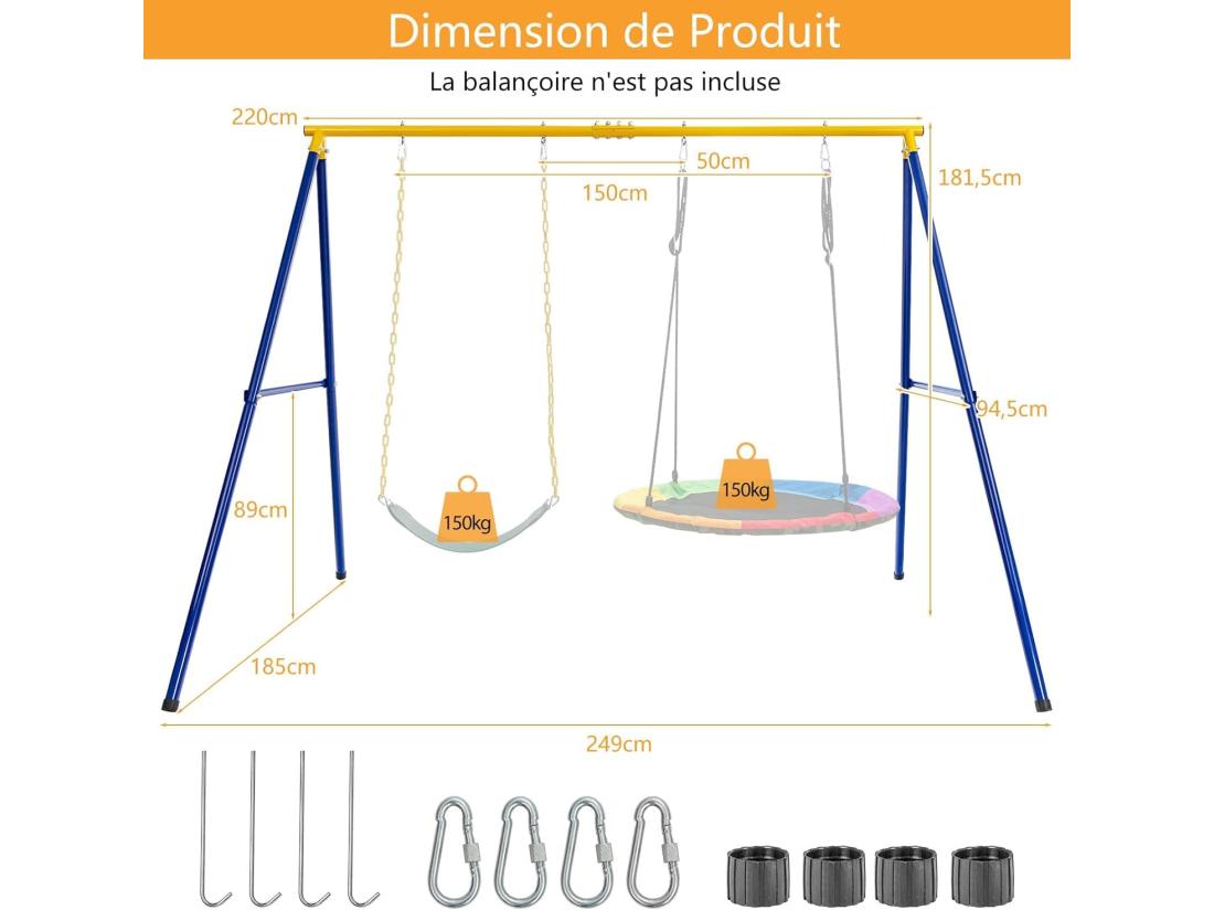 vente unique Portique de Balançoire pour Enfants en Forme de A Charge 300KG avec 2 Façons de Suspendre Piquets d'Ancrage 249x185x181 5cm