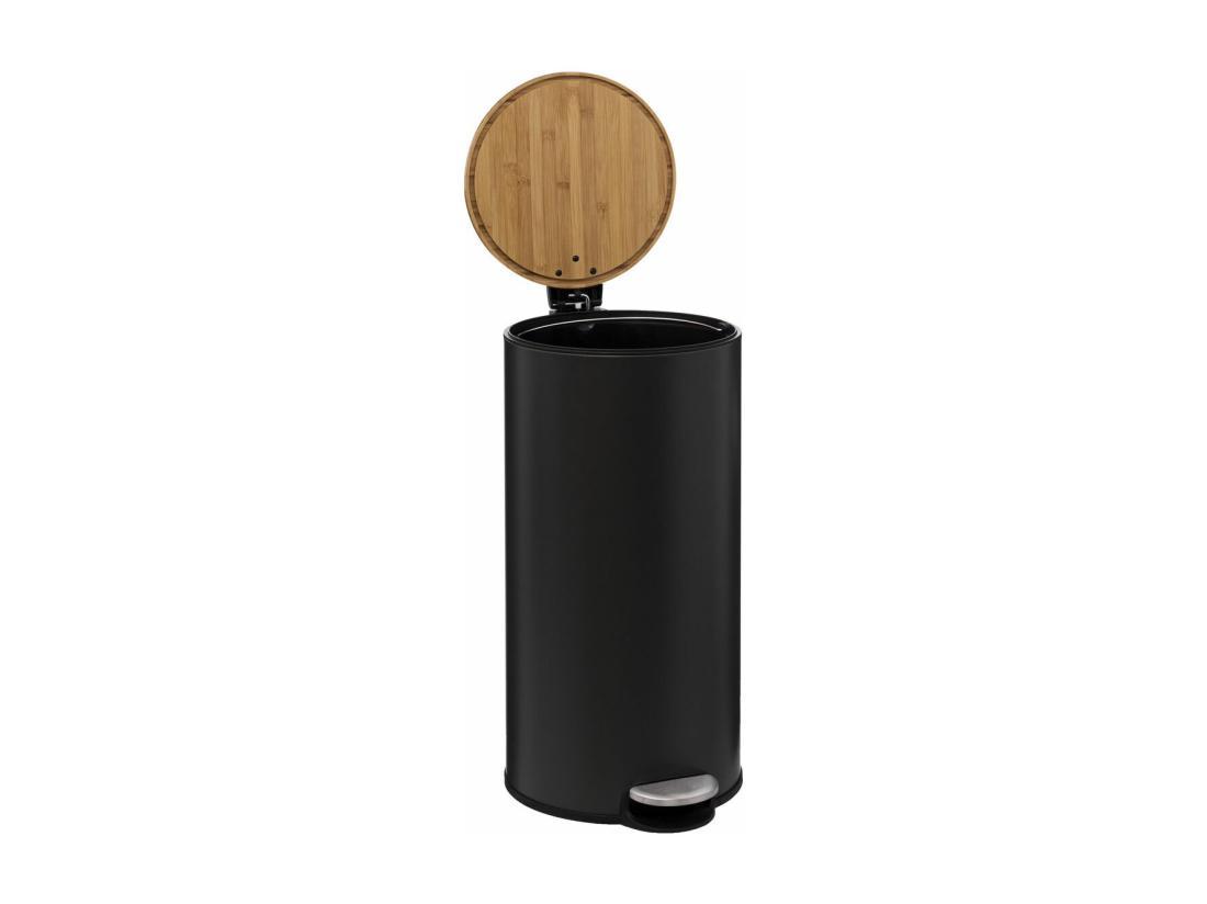 Vente Unique Poubelle 30 Litres En Métal Noir Charbon Et Couvercle En Bambou
