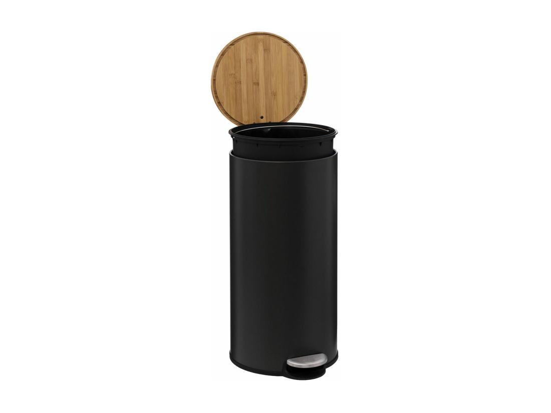 Vente Unique Poubelle 30 Litres En Métal Noir Charbon Et Couvercle En Bambou