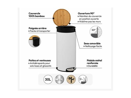 Vente Unique Poubelle 30 Litres En Métal Noir Charbon Et Couvercle En Bambou