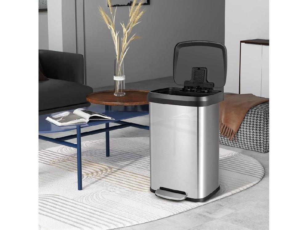 Vente Unique Poubelle Cuisine 50 Litres En Acier Métal Poubelle Rectangulaire Pédale Amortisseur Casier Désodorisant Couvercle Fermeture Douce Anti-Empreintes Pour Bureau Salle De Bain (Argent)