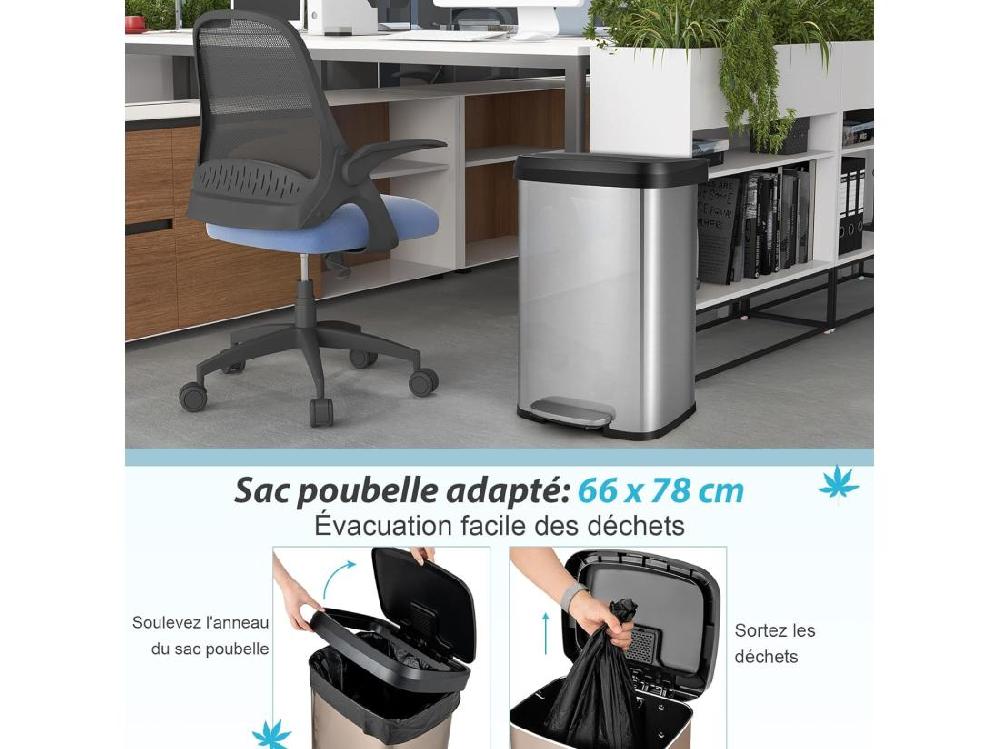 Vente Unique Poubelle Cuisine 50 Litres En Acier Métal Poubelle Rectangulaire Pédale Amortisseur Casier Désodorisant Couvercle Fermeture Douce Anti-Empreintes Pour Bureau Salle De Bain (Argent)