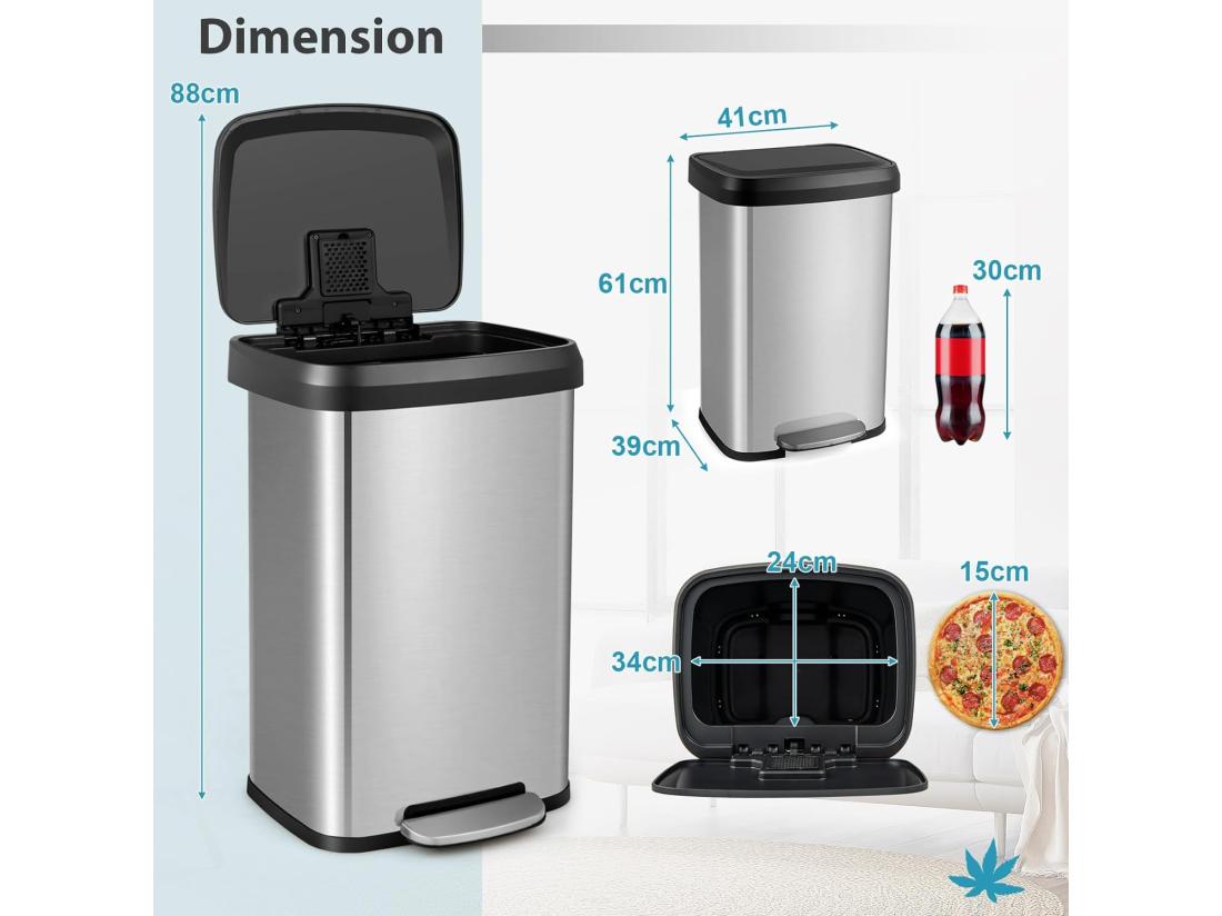 Vente Unique Poubelle Cuisine 50 Litres En Acier Métal Poubelle Rectangulaire Pédale Amortisseur Casier Désodorisant Couvercle Fermeture Douce Anti-Empreintes Pour Bureau Salle De Bain (Argent)