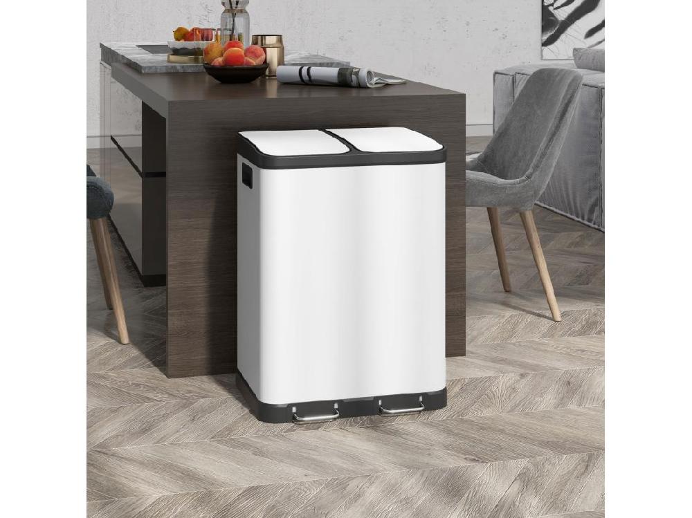 Vente Unique Poubelle De Cuisine 2 X 30L - Poubelle à Pédale 2 Compartiments Seaux Amovibles - Acier Inox. Blanc