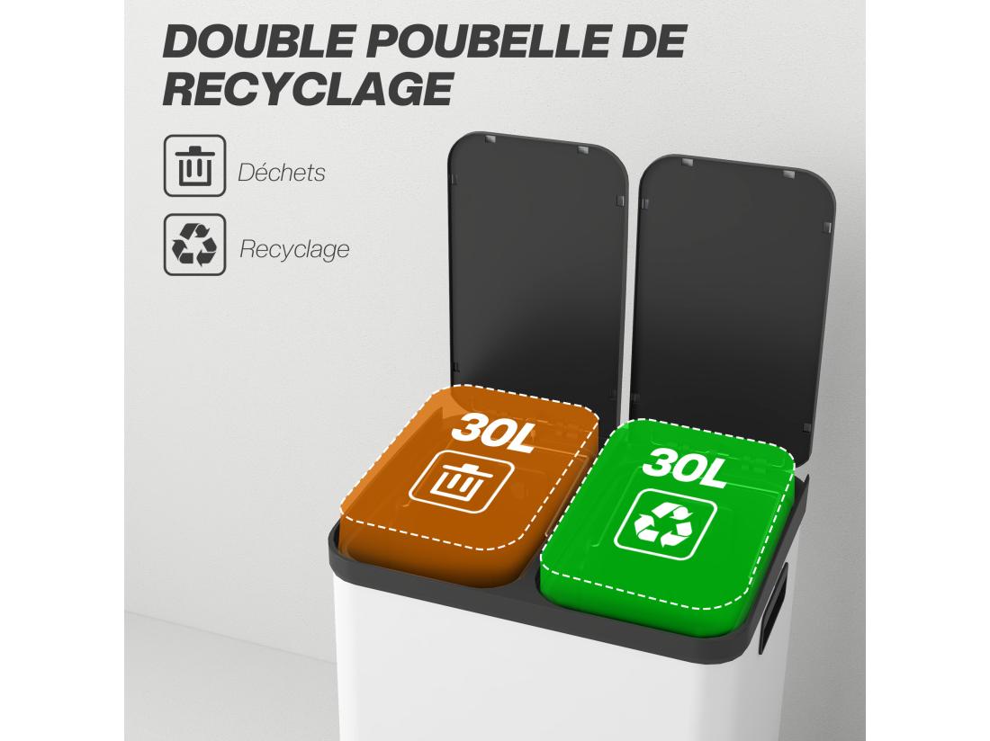 Vente Unique Poubelle De Cuisine 2 X 30L - Poubelle à Pédale 2 Compartiments Seaux Amovibles - Acier Inox. Blanc
