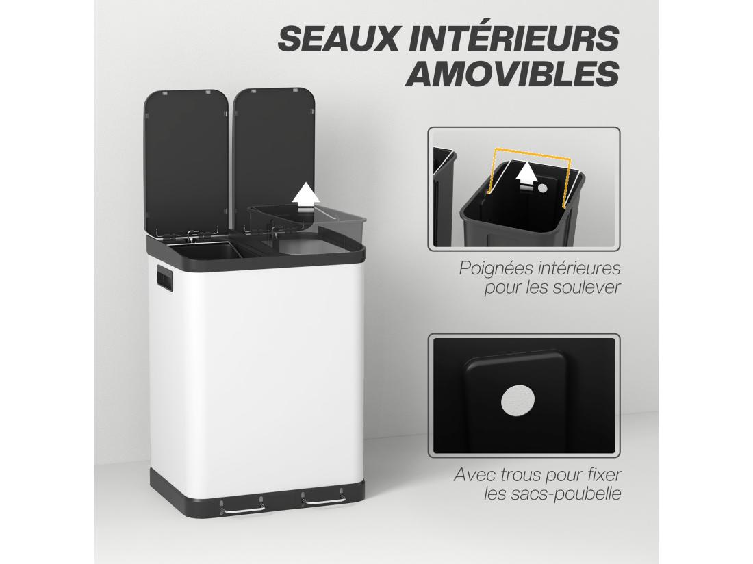 Vente Unique Poubelle De Cuisine 2 X 30L - Poubelle à Pédale 2 Compartiments Seaux Amovibles - Acier Inox. Blanc