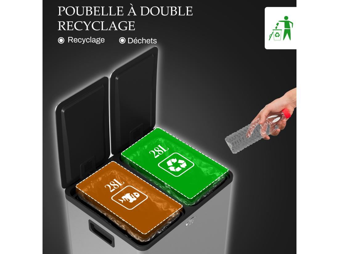 Vente Unique Poubelle De Cuisine Double 2 X 28L Poubelle à Pédale En Acier Inoxydable 2 Couvercles à Fermeture Douce Seaux Intérieurs Amovibles Et Poignées Anti-empreintes Digitales 45 8x36x67 6cm