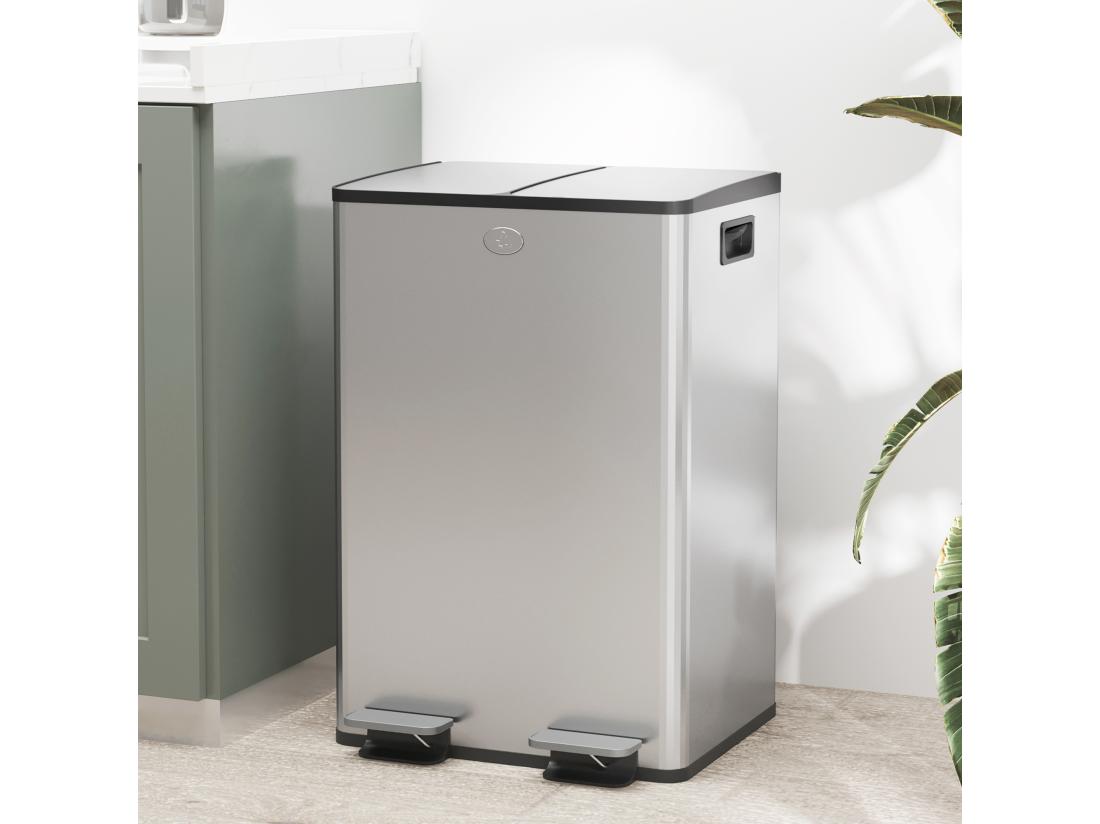 vente unique Poubelle de cuisine double 2 x 28L poubelle à pédale en acier inoxydable 2 couvercles à fermeture douce seaux intérieurs amovibles et poignées anti-empreintes digitales 45 8x36x67 6cm