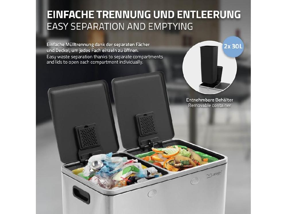Vente Unique Poubelle Double Cuisine à Pédale Tri Déchets Ménagers 2 Bacs 2x30L Argent 60L