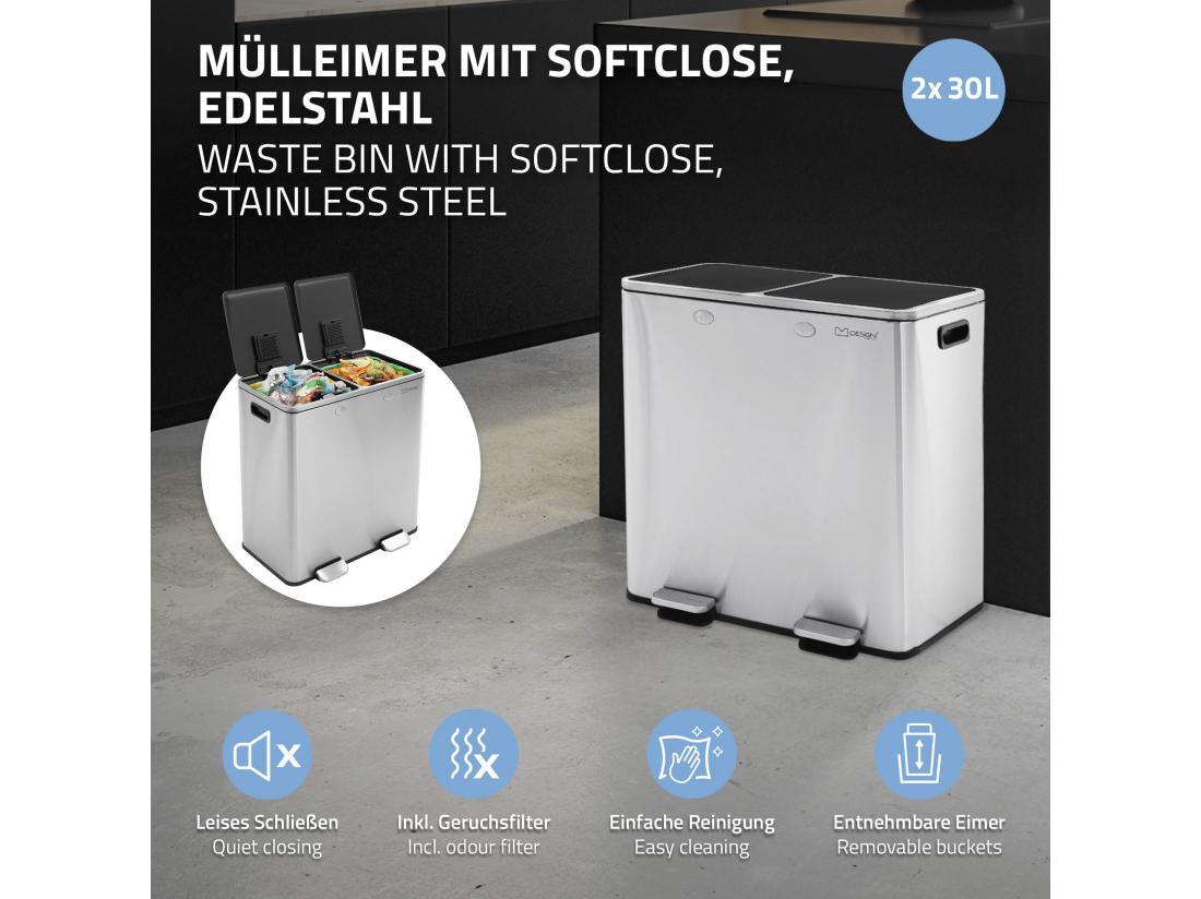 Vente Unique Poubelle Double Cuisine à Pédale Tri Déchets Ménagers 2 Bacs 2x30L Argent 60L