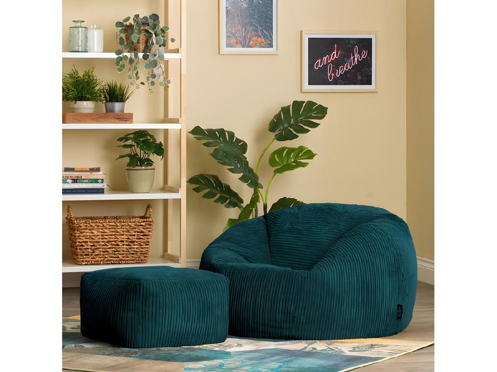 Vente Unique Pouf Classique Et Son Repose-pied Velours Côtelé Bleu Canard - KINGSTON