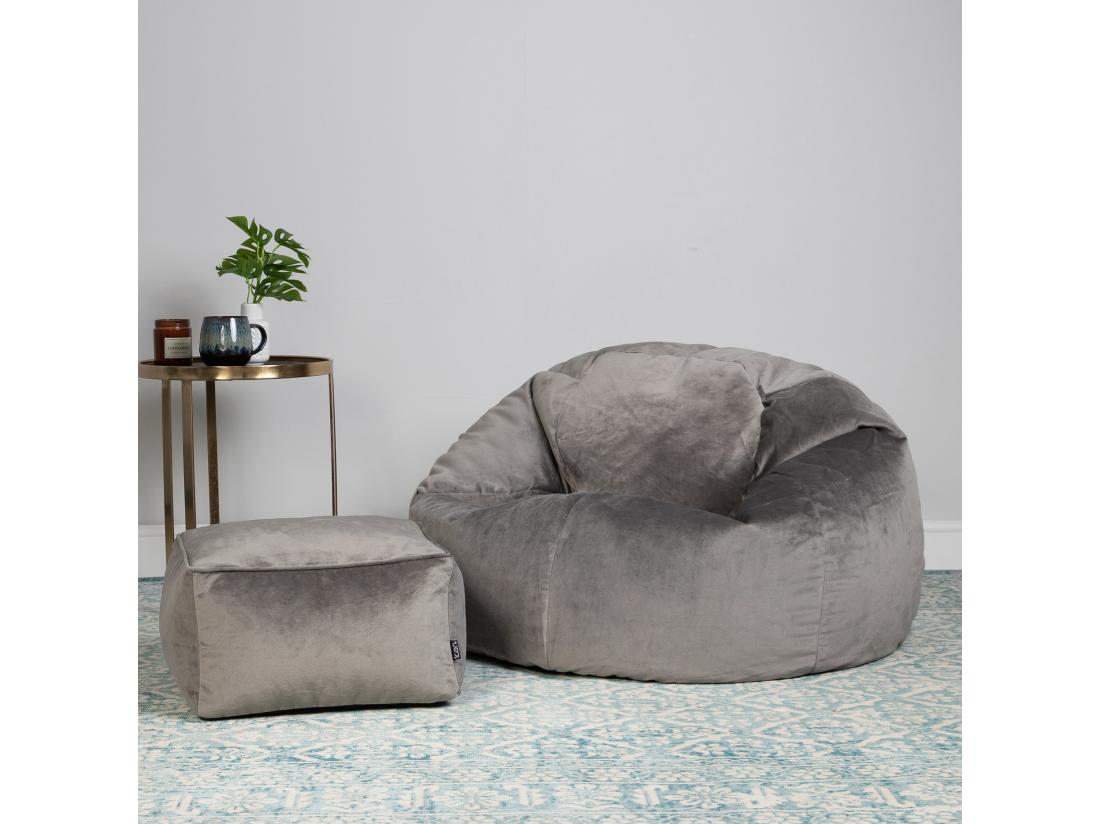 vente unique Pouf classique et son repose-pied velours gris anthracite - AURORA