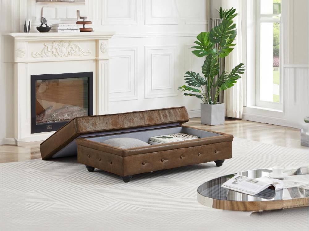 Vente Unique Pouf Coffre De Rangement En Microfibre Aspect Cuir Vieilli CHESTERFIELD