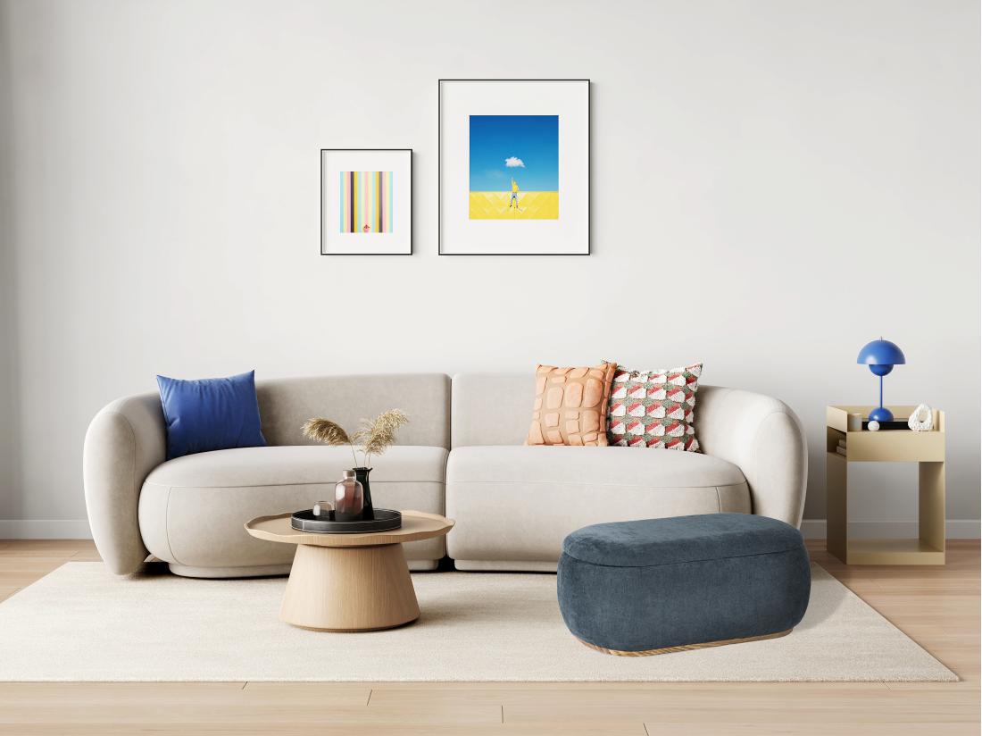 vente unique Pouf coffre de rangement en tissu texturé bleu MOPILO