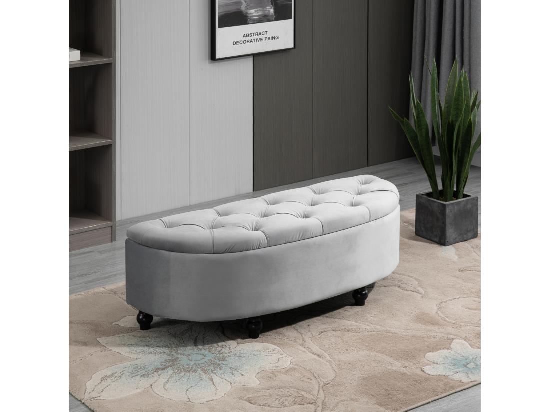 Vente Unique Pouf De Rangement Coffre 2 En 1 - Pouf Design Classique Chic Capitonné Demi-cercle - Pieds Bois Hévéa Noir Revêtement Velours Gris