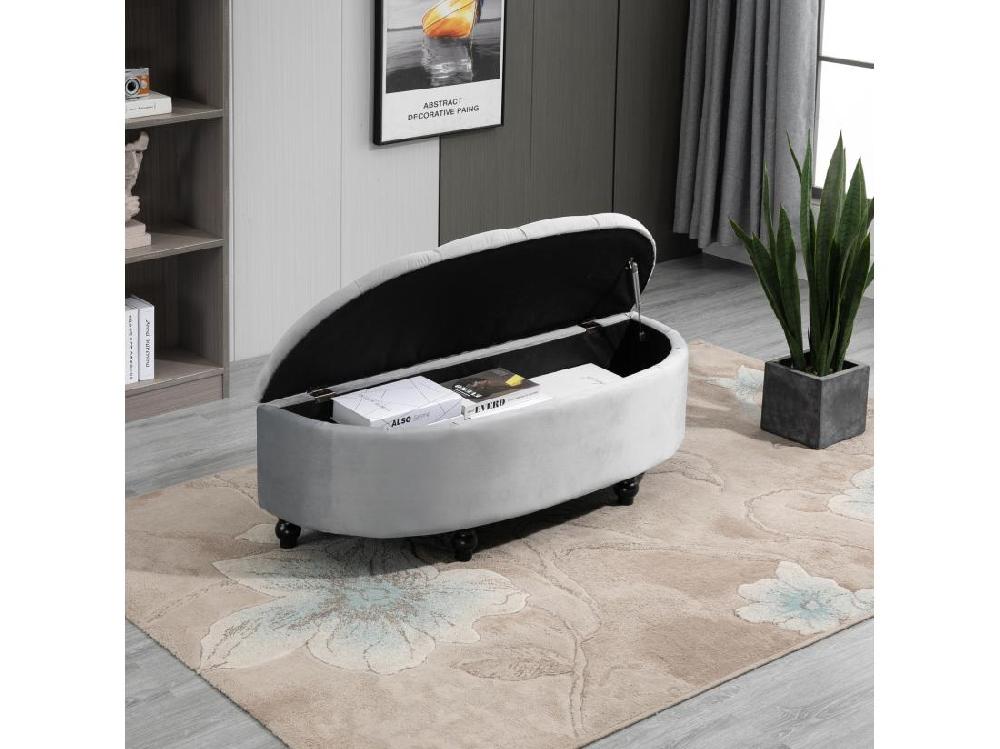 Vente Unique Pouf De Rangement Coffre 2 En 1 - Pouf Design Classique Chic Capitonné Demi-cercle - Pieds Bois Hévéa Noir Revêtement Velours Gris