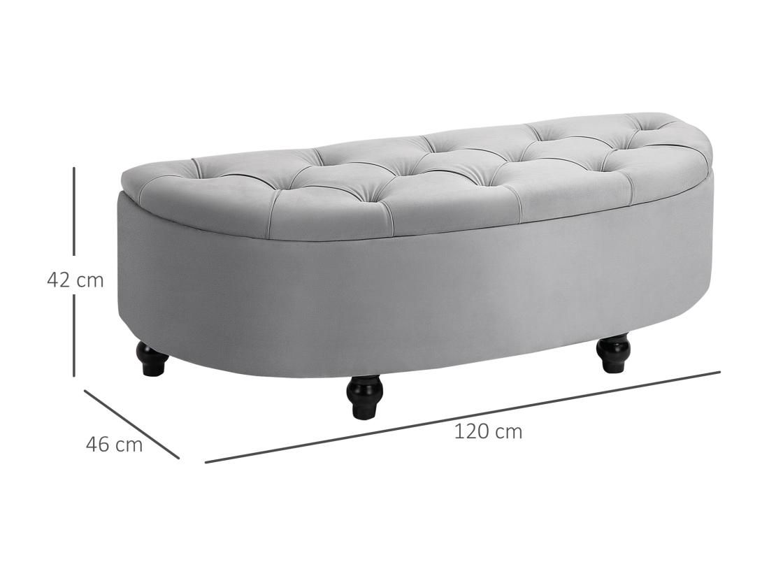 Vente Unique Pouf De Rangement Coffre 2 En 1 - Pouf Design Classique Chic Capitonné Demi-cercle - Pieds Bois Hévéa Noir Revêtement Velours Gris