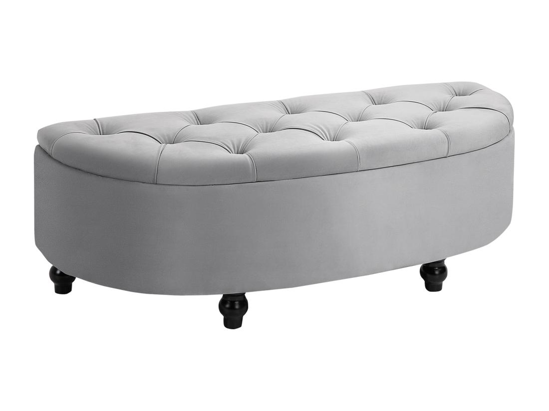 vente unique Pouf de rangement coffre 2 en 1 - pouf design classique chic capitonné demi-cercle - pieds bois hévéa noir revêtement velours gris