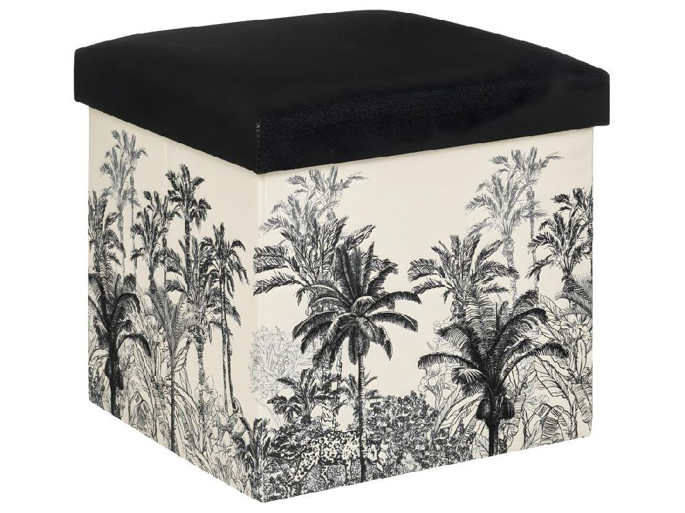 vente unique Pouf et Coffre de rangement en bois et tissu imprimé Noir & Blanc 38 x 38 cm
