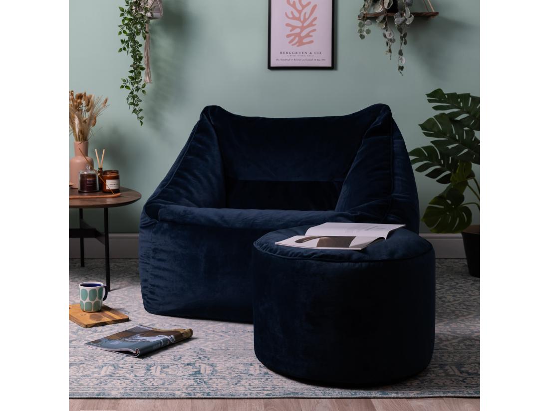 Vente Unique Pouf Fauteuil Avec Repose-pied Rond Velours Bleu Minuit - NATALIA