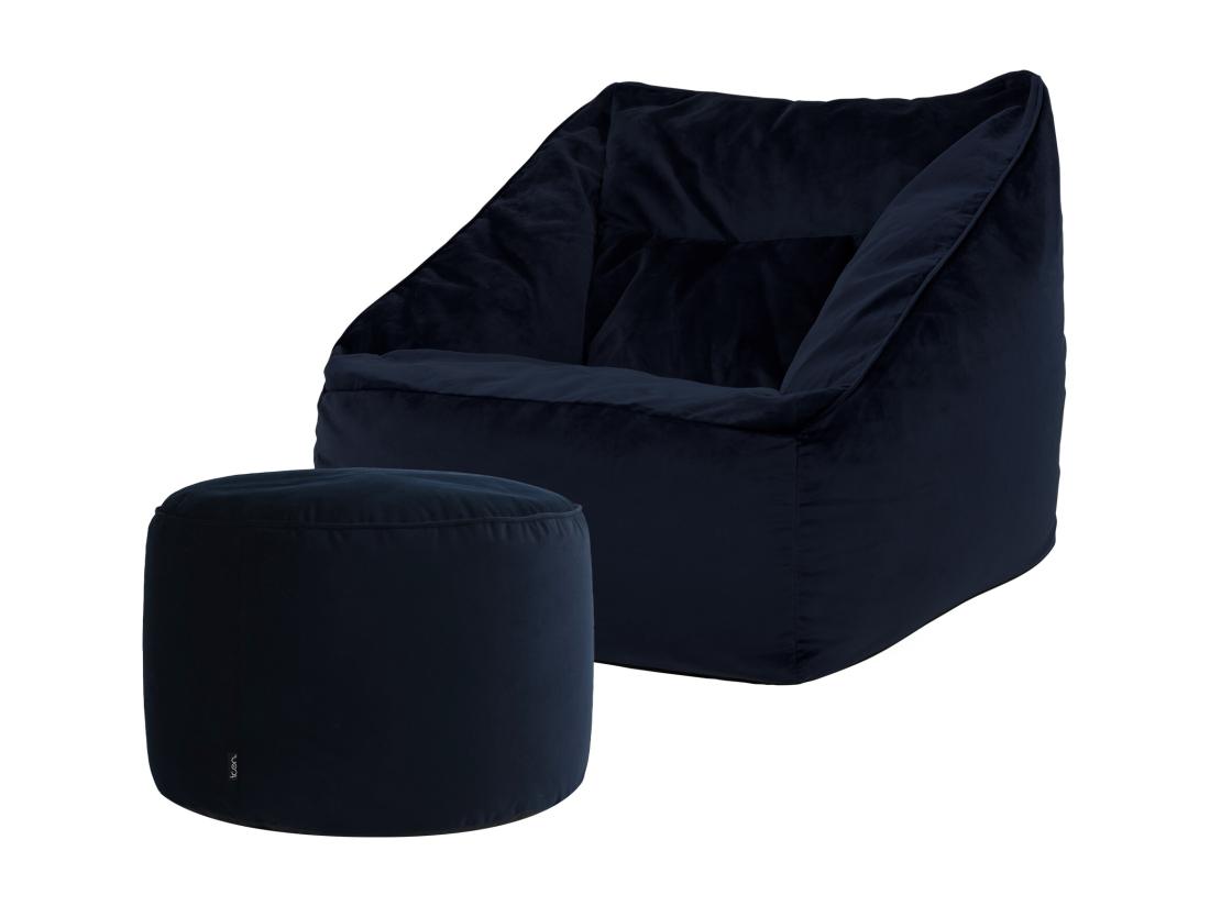 Vente Unique Pouf Fauteuil Avec Repose-pied Rond Velours Bleu Minuit - NATALIA