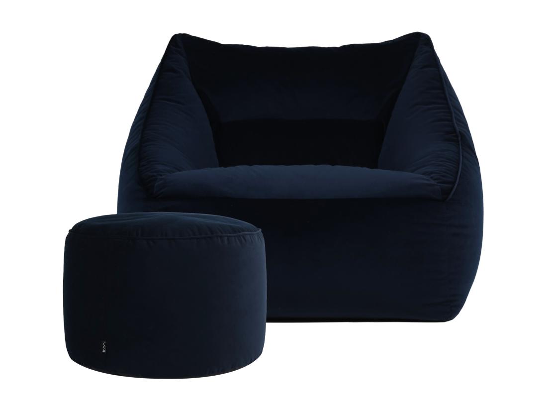 Vente Unique Pouf Fauteuil Avec Repose-pied Rond Velours Bleu Minuit - NATALIA