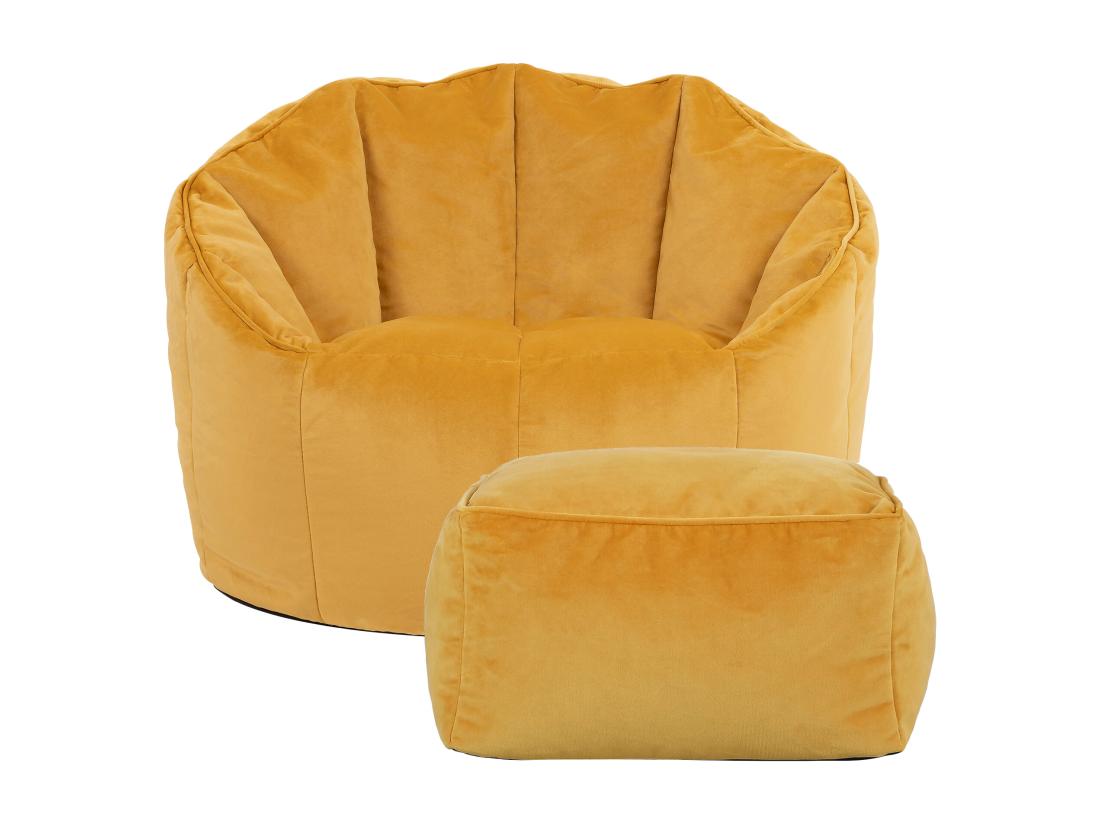 Vente Unique Pouf Fauteuil Avec Repose-pied Velours Jaune Ocre - SIRENA
