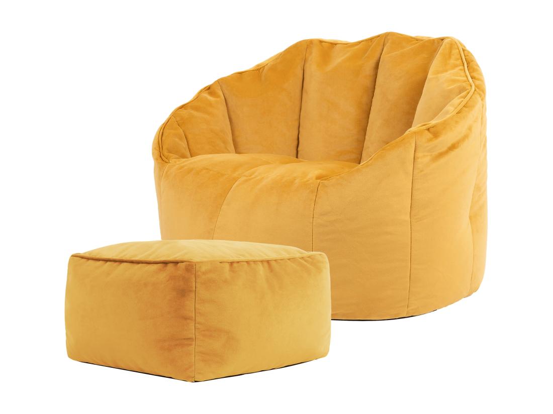 vente unique Pouf fauteuil avec repose-pied velours jaune ocre - SIRENA