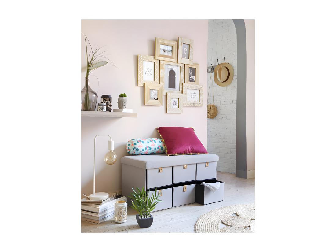 Vente Unique Pouf Pliant Double Avec 6 Tiroirs Coloris Gris Suède 76.5 X H 38 Cm