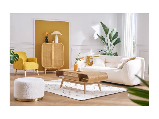 Vente Unique Pouf Rond En Tissu Effet Laine Bouclée Blanc Cassé Et Métal Doré D54 Cm AMAYA