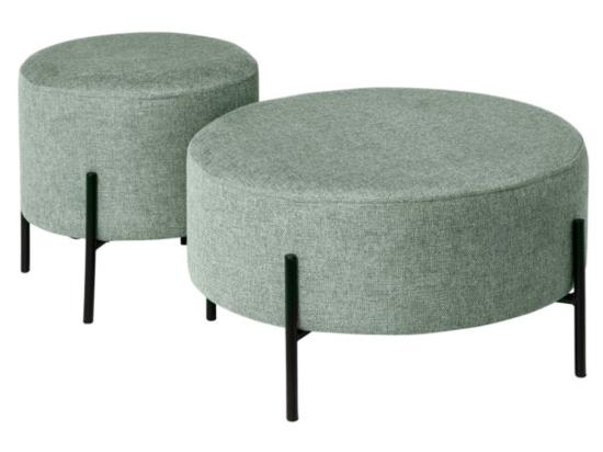 Vente Unique Pouf Rond Moderne En Tissu Avec Pieds En Métal Noir Kamila-Couleur Vert Amande-Diamètre 60 Cm