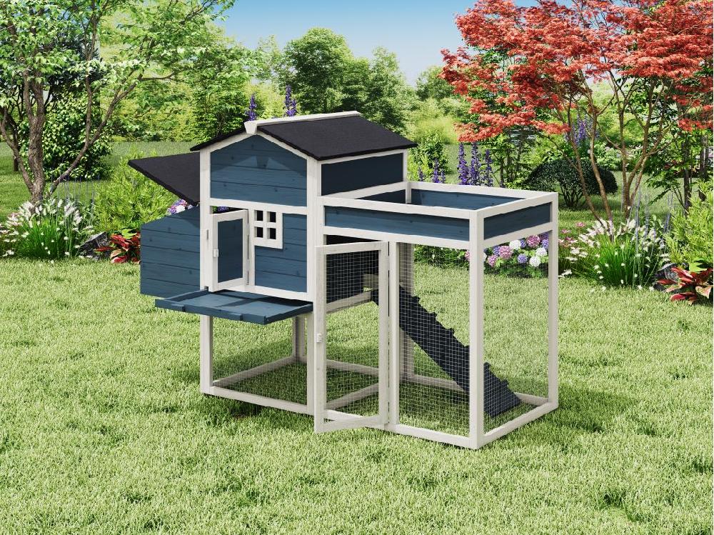 Vente Unique Poulailler Avec Enclos Et Potager - 4 Poules - L. 168 X P. 64 X H. 109 Cm - Bleu Et Blanc - CAMPORA