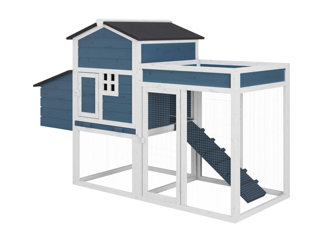 Vente Unique Poulailler Avec Enclos Et Potager - 4 Poules - L. 168 X P. 64 X H. 109 Cm - Bleu Et Blanc - CAMPORA
