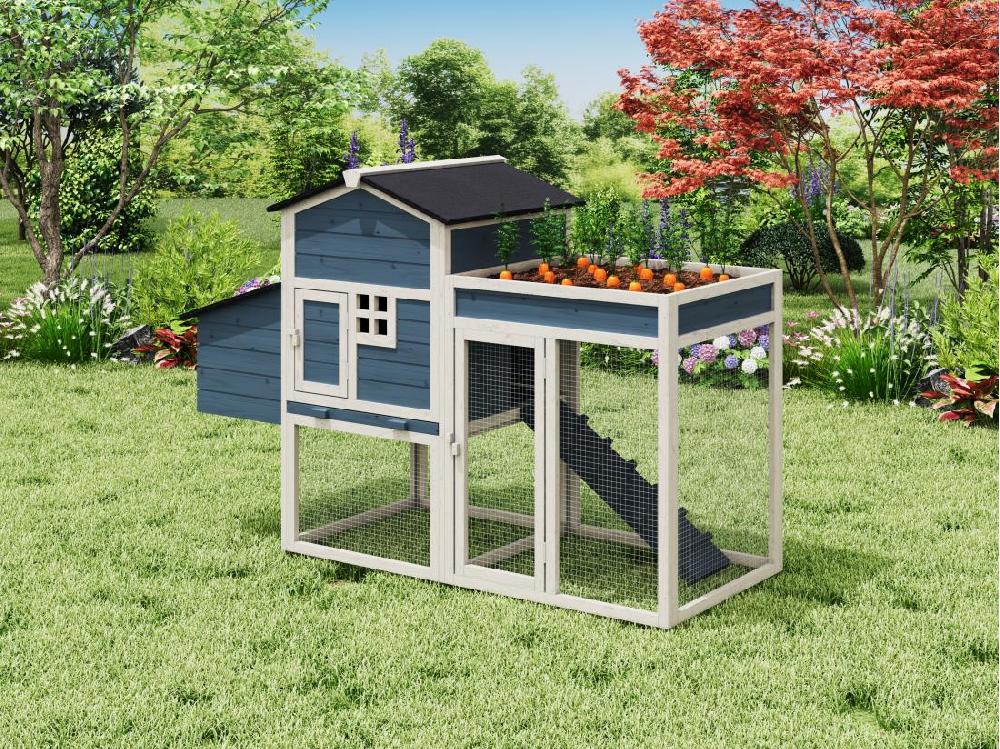 vente unique Poulailler avec enclos et potager - 4 poules - L. 168 x P. 64 x H. 109 cm - Bleu et blanc - CAMPORA