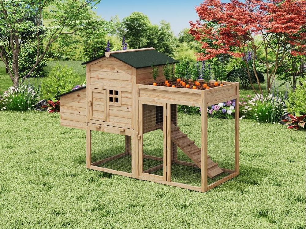 vente unique Poulailler avec enclos et potager - 4 poules - L. 168 x P. 64 x H. 109 cm - Naturel - CAMPORA