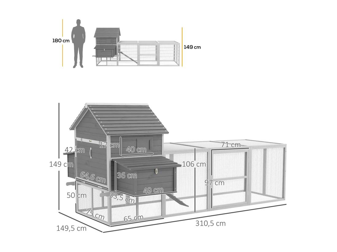 Vente Unique Poulailler Cottage Cage à Poules Sur Pied Dim. 310L X 149l X 149H Cm Multi-équipement Bois Sapin Gris