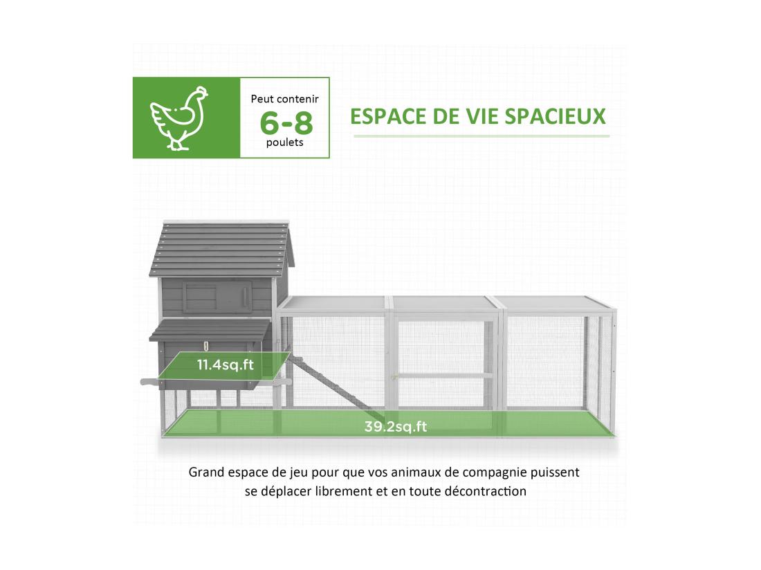 Vente Unique Poulailler Cottage Cage à Poules Sur Pied Dim. 310L X 149l X 149H Cm Multi-équipement Bois Sapin Gris