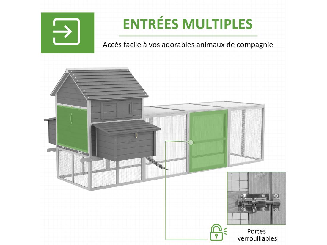 Vente Unique Poulailler Cottage Cage à Poules Sur Pied Dim. 310L X 149l X 149H Cm Multi-équipement Bois Sapin Gris
