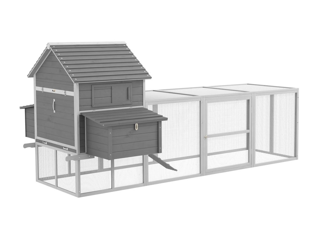 vente unique Poulailler cottage cage à poules sur pied dim. 310L x 149l x 149H cm multi-équipement bois sapin gris
