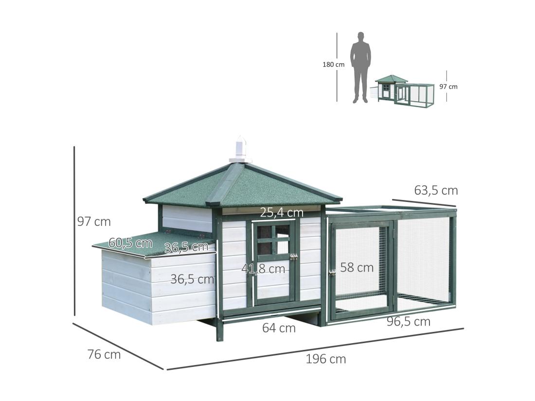 Vente Unique Poulailler Cottage Multi-équipement Perchoir Rampe Pondoir Enclos Tiroir à Déjection 196L X 76l X 97H Cm Bois Massif Pin Vert Blanc