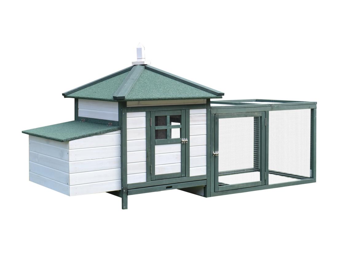 Vente Unique Poulailler Cottage Multi-équipement Perchoir Rampe Pondoir Enclos Tiroir à Déjection 196L X 76l X 97H Cm Bois Massif Pin Vert Blanc