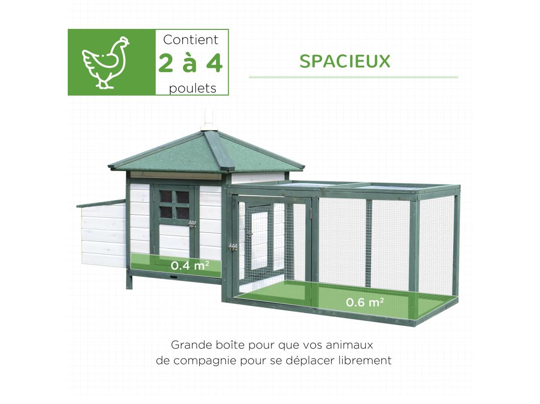 Vente Unique Poulailler Cottage Multi-équipement Perchoir Rampe Pondoir Enclos Tiroir à Déjection 196L X 76l X 97H Cm Bois Massif Pin Vert Blanc
