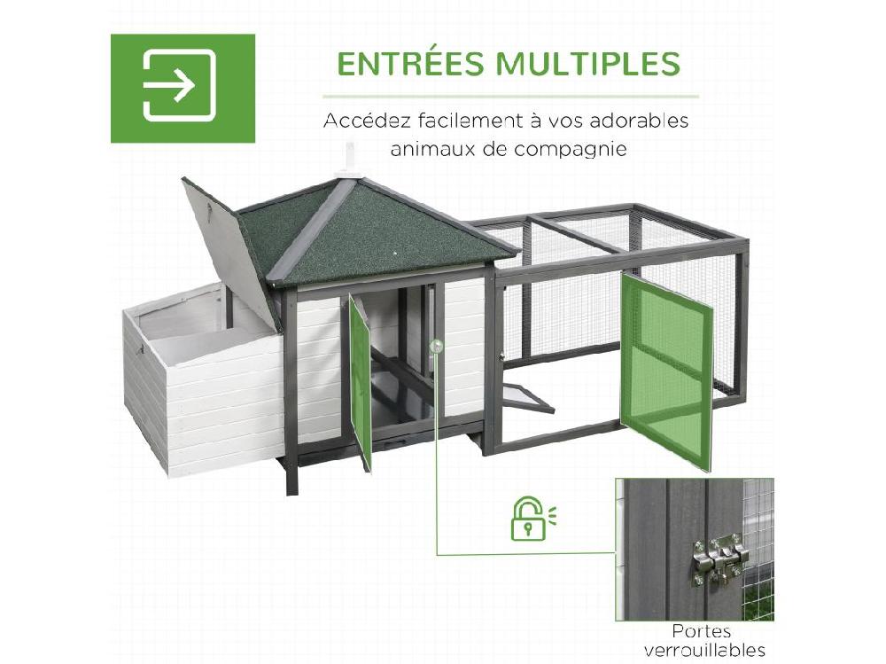 Vente Unique Poulailler Cottage Multi-équipement Perchoir Rampe Pondoir Enclos Tiroir à Déjection 196L X 76l X 97H Cm Bois Massif Pin Gris Blanc