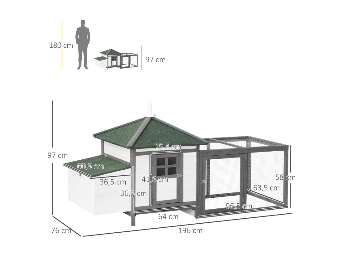 Vente Unique Poulailler Cottage Multi-équipement Perchoir Rampe Pondoir Enclos Tiroir à Déjection 196L X 76l X 97H Cm Bois Massif Pin Gris Blanc