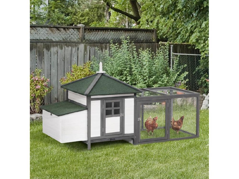 Vente Unique Poulailler Cottage Multi-équipement Perchoir Rampe Pondoir Enclos Tiroir à Déjection 196L X 76l X 97H Cm Bois Massif Pin Gris Blanc