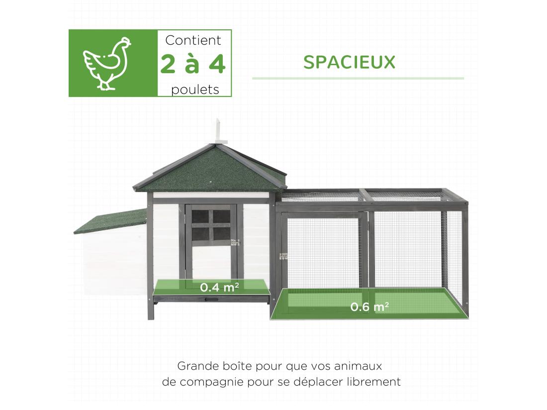 vente unique Poulailler cottage multi-équipement perchoir rampe pondoir enclos tiroir à déjection 196L x 76l x 97H cm bois massif pin gris blanc